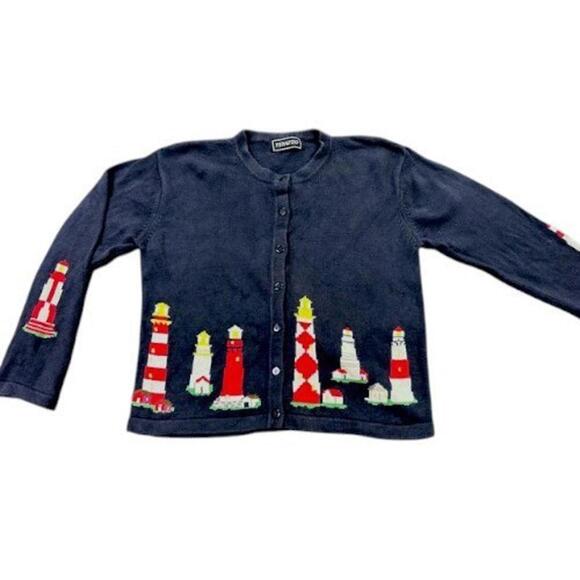 Sweaters - VTG Womens Lighthouse Cardigan Sz L Navy Blue Seaside Whimsy & Cape Cod Charm